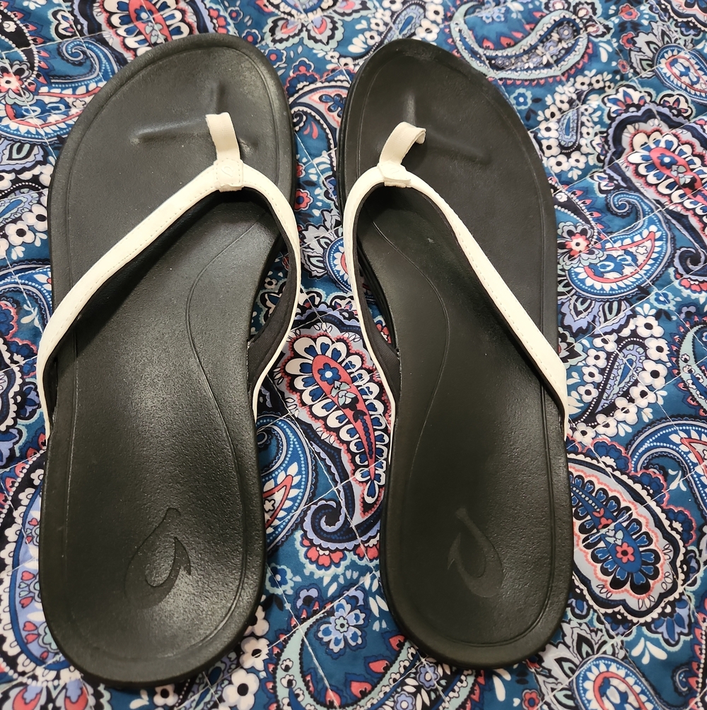 Olukai Black Flip-Flop Sandals with White Straps